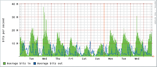 A wavy graph of the Average bits in and Average bits out of the daily plot of a routers data traffic is shown. The vertical axis ranges from 10M to 40M with increments of 10 M and the horizontal axis displays the days of a week.