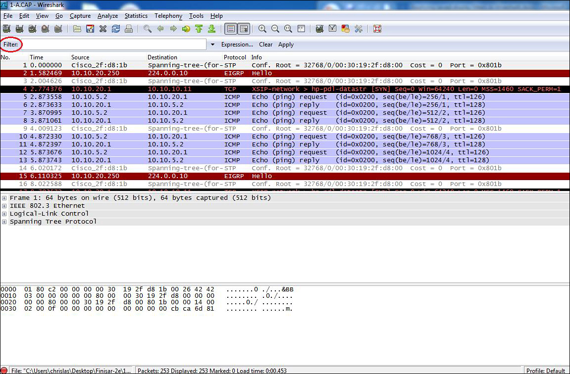 Screenshot shows 1-A.CAP  Wireshark window. Filter field within the window is circled.