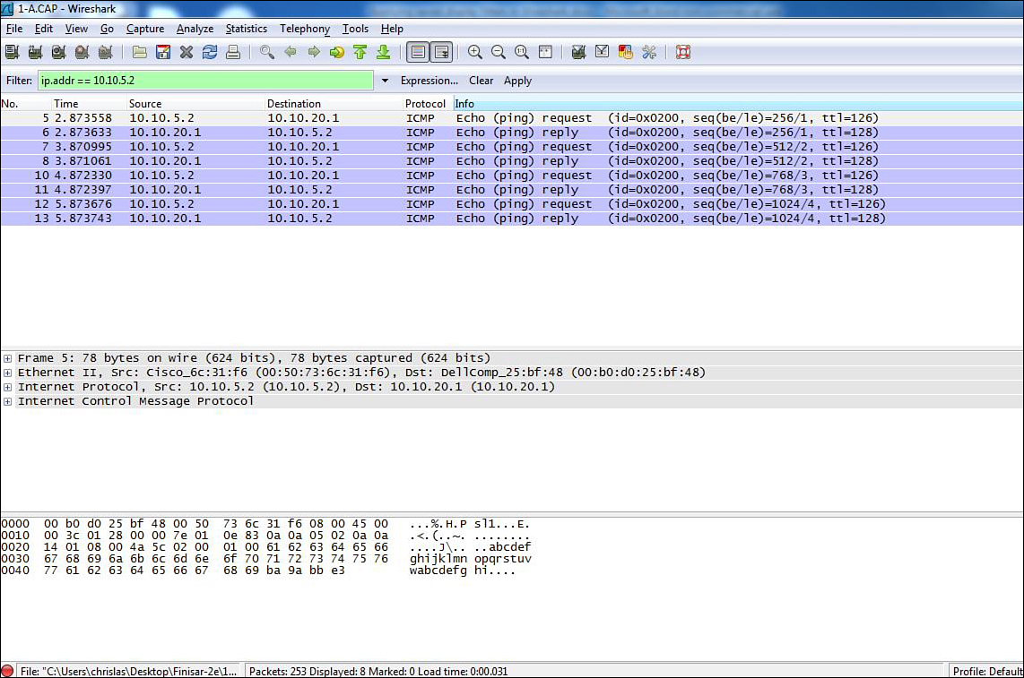 Screenshot displays 1-A.CAP-Wireshark window. In the filter drop-down men u, ip. Adddr==10.10.5.2 is selected. The transfer of packets are listed with the following fields listed: No, Time, Source, Destination, Protocol, Length, and Info.