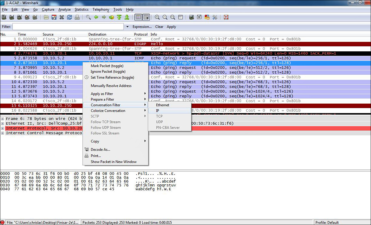 Screenshot shows the 1-A.CAP-Wireshark window. The field headers read: No, Time, Source, Destination, Protocol, and Info. A list is displayed where Conversation Filter is selected and it leads to another list of where IP is selected.