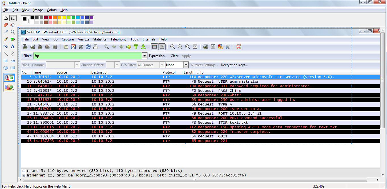 Screenshot shows the 5-A-CAP - Wireshark 1.6.1 window overlapping Paint window.