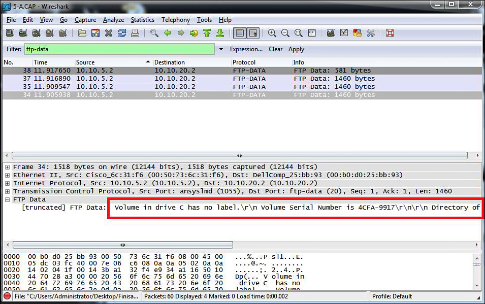 Screenshot depicts extracting the data packets from a capture file.