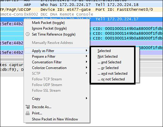 Screenshot shows a list overlapping the 5-A-CAP [Wireshark 1.6.1] window. A list is displayed, Apply as Filter in the list is selected and it leads to another list that reads: Selected, Not Selected, and Selected, or Selected, and not Selected, and or not Selected.