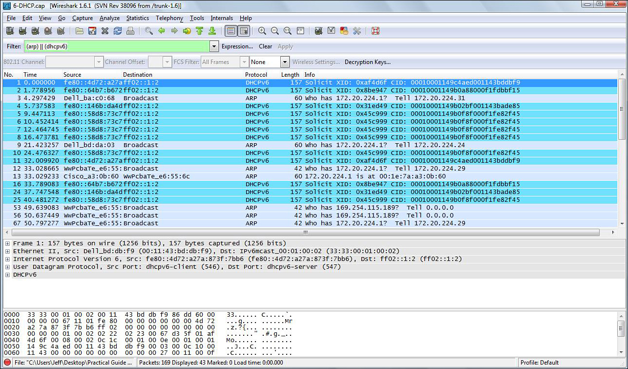 Screenshot shows the 6-DHCP.cap dialog window. (arp) (dhcpv6) is selected from the Filter drop-down menu. The content pane is divided into two sections. The field headers in the first section read: No, Time, Source, Destination, Protocol, and Info.