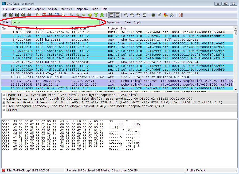 Screenshot shows the DHCP.cap  Wireshark window. bootp is selected from the Filter drop-down menu and is circled.