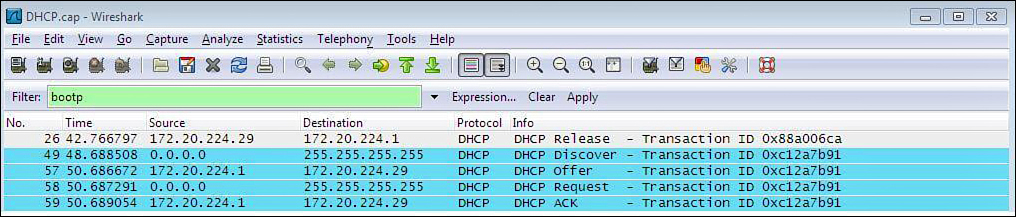 Screenshot shows the DHCP.cap – Wireshark window. bootp is selected from the Filter drop-down menu and is circled.