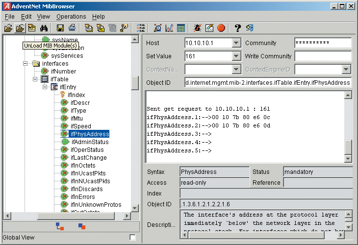 Screenshot displays the AdventNet MibBrowser.