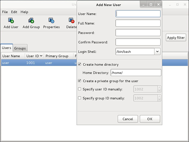 Screenshot shows the Fedora User Manager window.