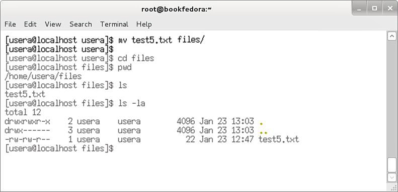 Screenshot shows a Linux command screen with the following tabs: File, Edit, View, Search, Terminal, and Help. The m v command is executed, the screen explains how to move a file using the m v command.