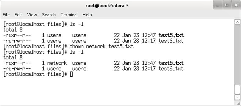 Screenshot shows a Linux command screen with the following tabs: File, Edit, View, Search, Terminal, and Help. The command chown network text5.txt is entered