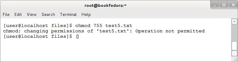 Screenshot shows a Linux command screen with the following tabs: File, Edit, View, Search, Terminal, and Help. The command reads: [user@localhost files]$ chmod 755 test5.txt chmod: changing permissions of 'test5.txt': Operation not permitted [user@localhost files]$ 0