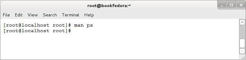 Screenshot shows a Linux command screen with the following tabs: File, Edit, View, Search, Terminal, and Help. The m a n command is executed [root@localhost]¥ man ps [usera@local host] ¥