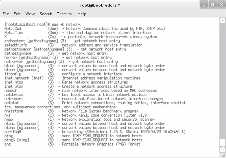 Screenshot shows a Linux command screen with the following tabs: File, Edit, View, Search, Terminal, and Help. The m a n command is executed