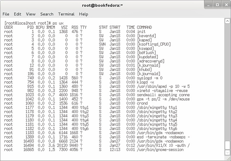 Screenshot shows a Linux command screen with the following tabs: File, Edit, View, Search, Terminal, and Help. The m a n command is executed