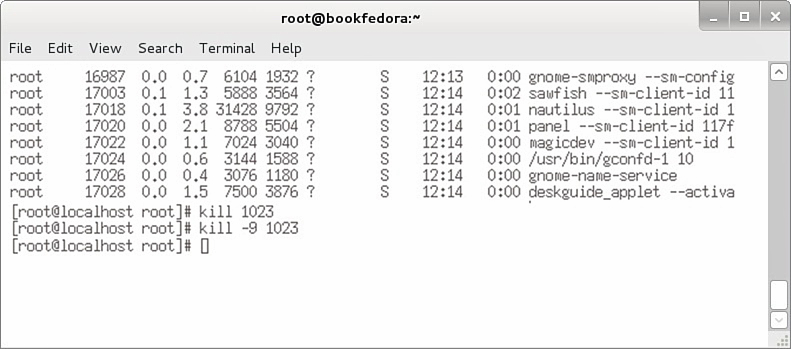 Screenshot shows a Linux command for kill and kill-9 screen with the following tabs: File, Edit, View, Search, Terminal, and Help. The s u command is executed.