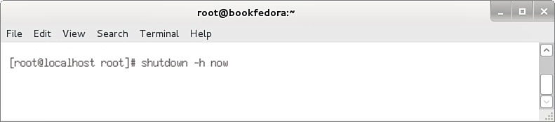 Screenshot shows a Linux command screen with the following tabs: File, Edit, View, Search, Terminal, and Help. The shutdown h now command is entered. [root@localhost root]# shutdown h now