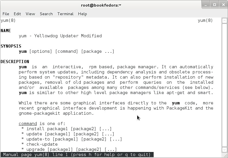 Screenshot shows a Linux command screen with the following tabs: File, Edit, View, Search, Terminal, and Help. The y u m command is executed and the screen displays Name, Synopsis, and Description.