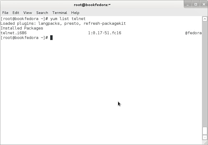 Screenshot shows a Linux command screen with the following tabs: File, Edit, View, Search, Terminal, and Help. The y u m list telnet command is executed.