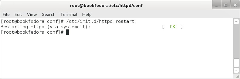 Screenshot shows a command for configuring file (httpd.conf) for Apache web server with the following tabs displayed: File, Edit, View, Search, Terminal, and Help.