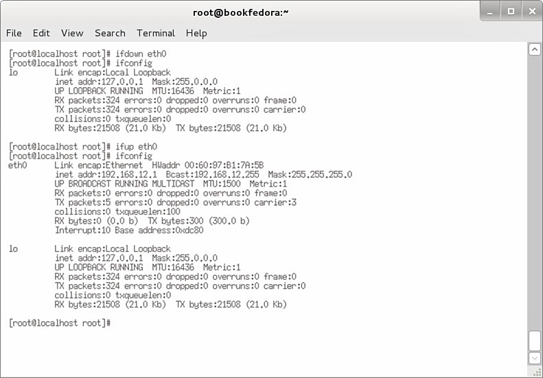 Screenshot shows the steps for shutting down and bringing up a network interface and the following tabs displayed: File, Edit, View, Search, Terminal, and Help.