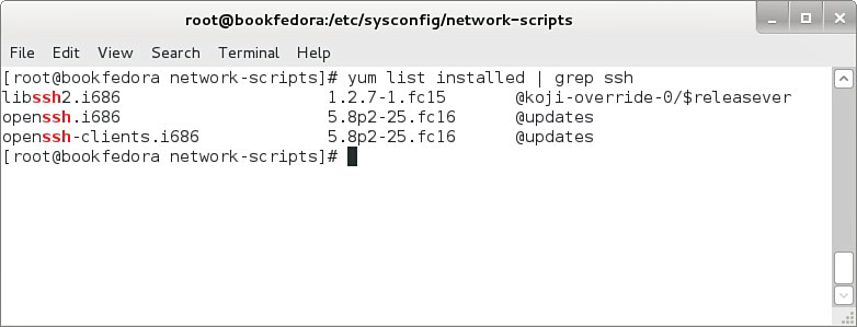 Screenshot shows the installation of openssh using Y u m command with the following tabs displayed: File, Edit, View, Search, Terminal, and Help.