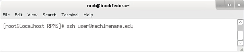 Screenshot shows the establishing an SSH connection with the following tabs displayed: File, Edit, View, Search, Terminal, and Help. The command reads: [root@localhost RPMS]# ssh user@machine.edu