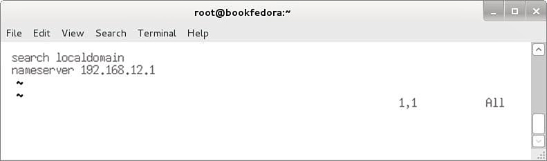 Screenshot shows the contents of a resolv.conf file with the following tabs: File, Edit, View, Search, Terminal, and Help. The command reads: Search localdomain Nameserver 192.168.12.1