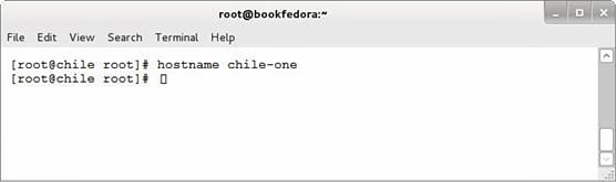 Screenshot shows the change of host name with the following fields: File, Edit, View, Search, Terminal, and Help. The command reads: [root@chile root]# hostname chile-one [root@chile root]# []