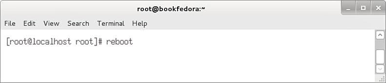 Screenshot shows the command for reboot with the following fields: File, Edit, View, Search, Terminal, and Help. The command reads: [root@localhost root]# reboot