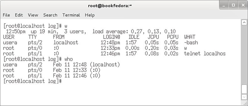 Screenshot shows the Linux command screen to display w and W h o command with the following fields: File, Edit, View, Search, Terminal, and Help.