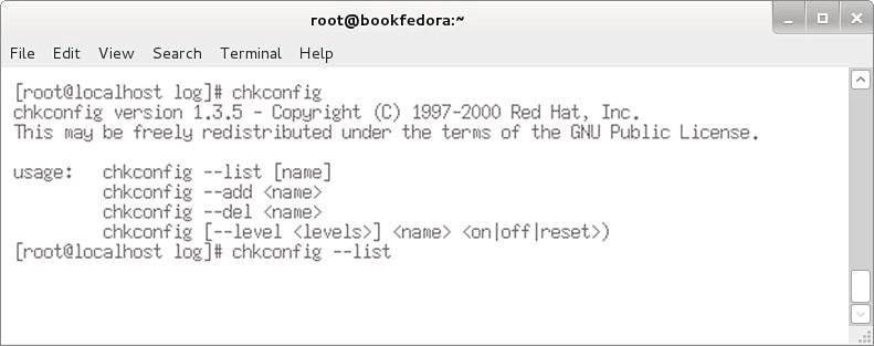 Screenshot shows the command for chkconfig with the following fields: File, Edit, View, Search, Terminal, and Help.