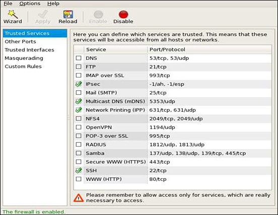 Screenshot shows the system-config-firewall menu. 