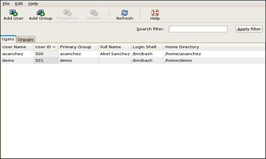 Screenshot shows the system configuration users menu with the Users tab active.Under User tab, the following field headers are shown: User name, User ID, Primary Group, Full Name, Login shell, and Home Directory.