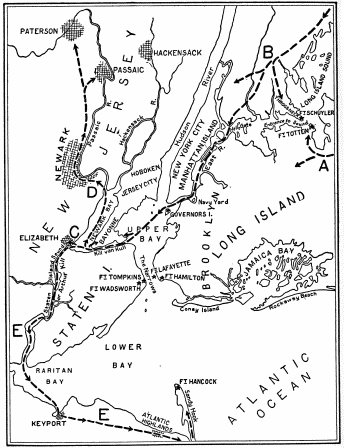 Image unavailable: THE ATTACK ON THE NEW YORK DEFENCES A. Attack on Ft. Totten. B. Attack on Ft. Schuyler. C and D. Course of Troops Capturing New Jersey Manufacturing Cities. EE. Attack on Sandy Hook Forts. 