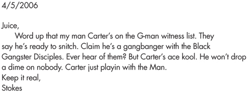 4/5/2006 Juice, Word up that my man Carter’s on the G-man witness list. They say he’s ready to snitch. Claim he’s a gangbanger with the Black Gangster Disciples. Ever hear of them? But Carter’s ace kool. He won’t drop a dime on nobody. Carter just playin with the Man. Keep it real, Stokes