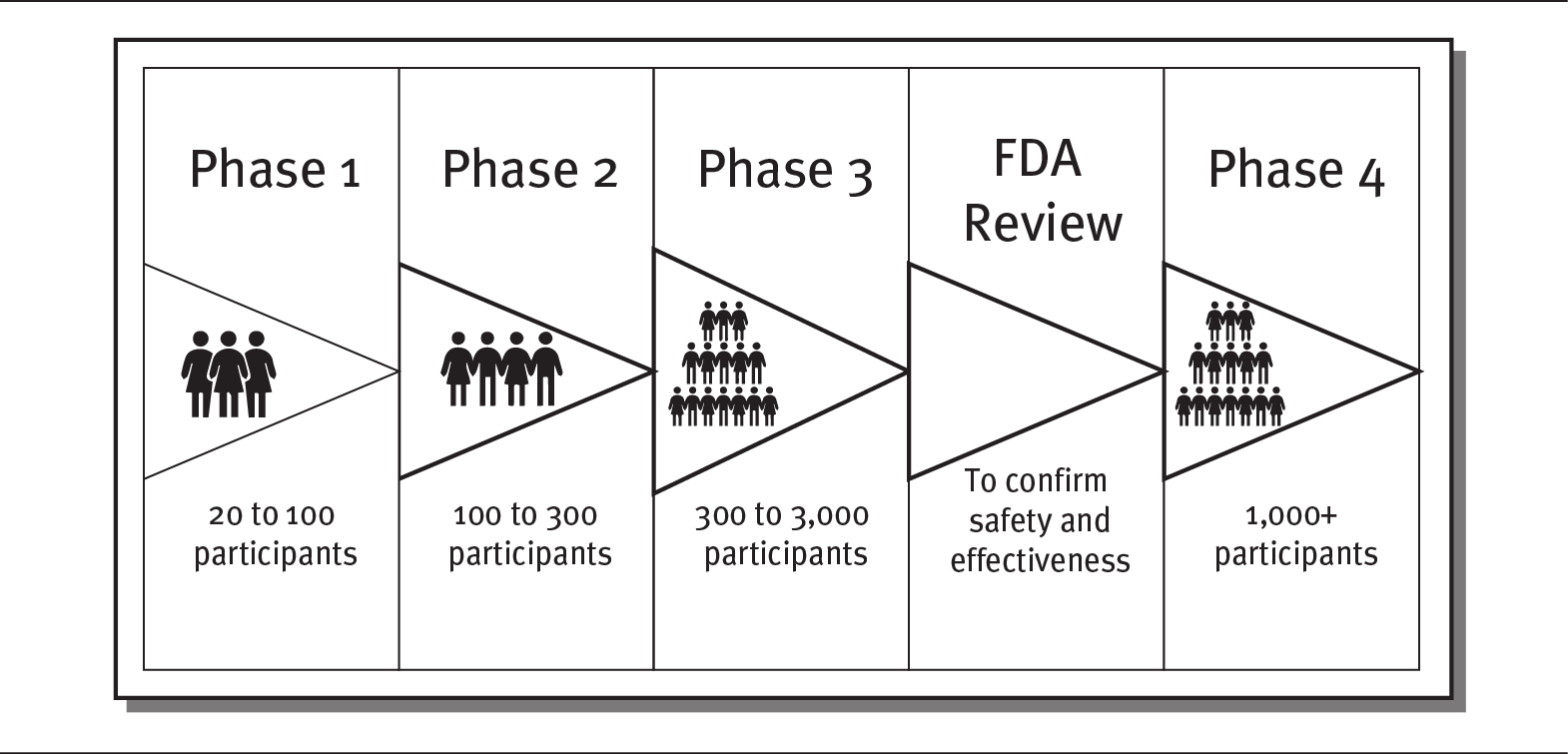 Exhibit shows the four phrases of clinical trials on human subjects.