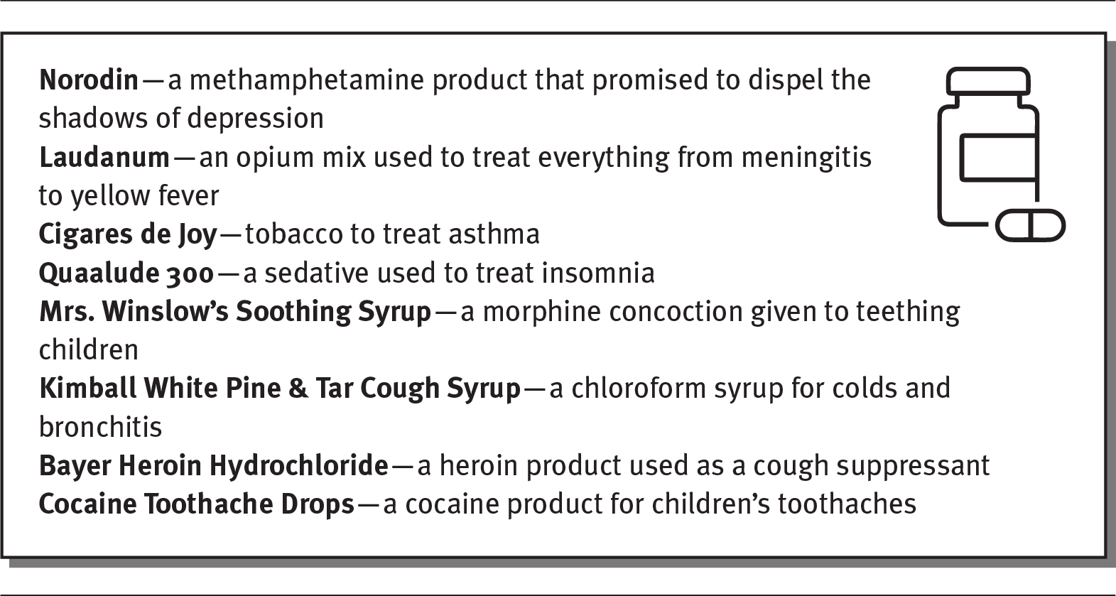 A list of patented medicines in the 1800s and early 1900s that contained dangerous components.