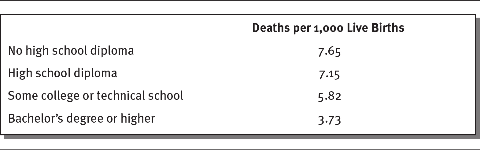 Exhibit shows infant mortality rates by education for the year 2009.