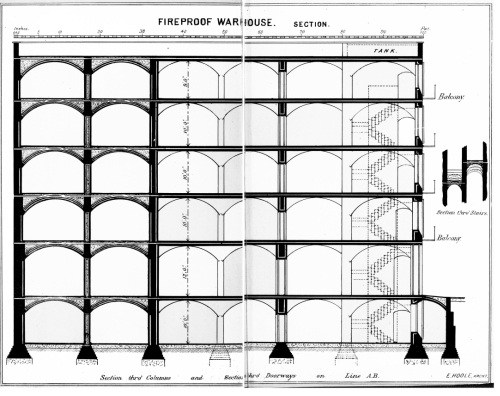 FIREPROOF WAREHOUSE. SECTION. E. HOOLE, ARCHT.