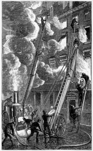 FIRE-ESCAPE AND STEAM FIRE-ENGINE IN ACTION (From a drawing supplied by the Royal Society for the Protection of Life from Fire)