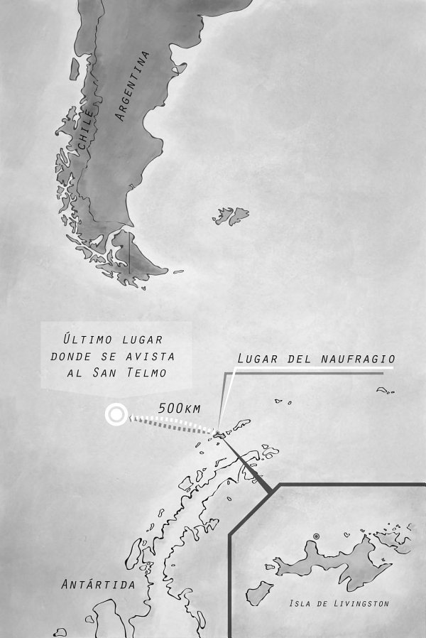 Mapa del Cabo de Hornos, última posición donde se avistó al San Telmo y lugar del naufragio