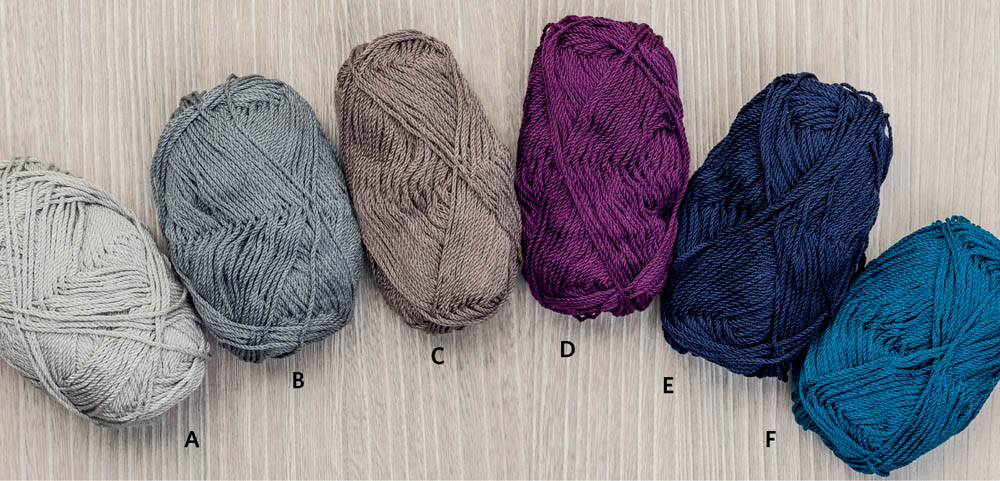 Six bundles of yarn labelled A, B, C, D, E, and F