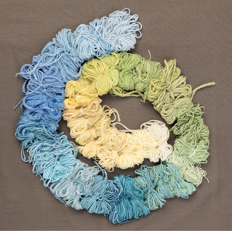 A color sequence of yarns arranged in a spiral