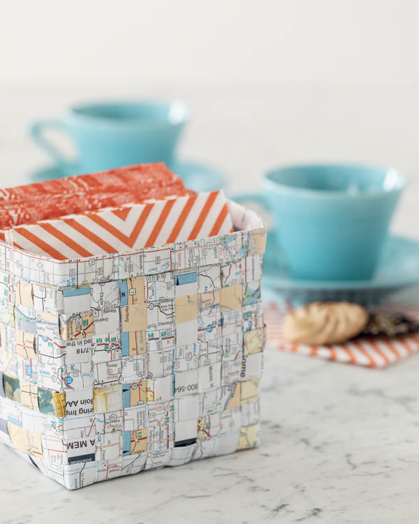 A woven map basket on a kitchen table