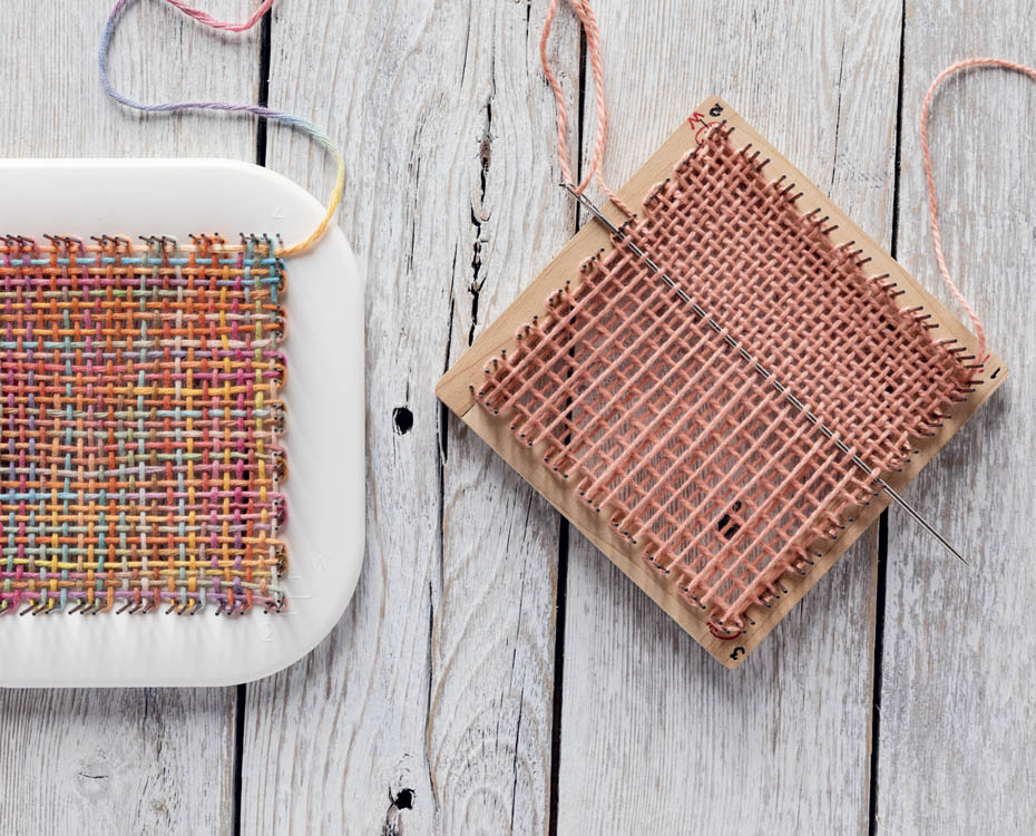 A pin-loom weaving in progress