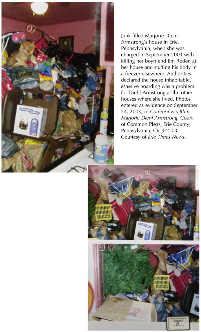 Junk filled Marjorie Diehl-Armstrong’s house in Erie, Pennsylvania, when she was charged in September 2003 with killing her boyfriend Jim Roden at her house and stuffing his body in a freezer elsewhere. Authorities declared the house inhabitable. Massive hoarding was a problem for Diehl-Armstrong at the other houses where she lived. Photos entered as evidence on September 24, 2003, in Commonwealth v. Marjorie Diehl-Armstrong, Court of Common Pleas, Erie County, Pennsylvania, CR-374-03. Courtesy of Erie Times-News.