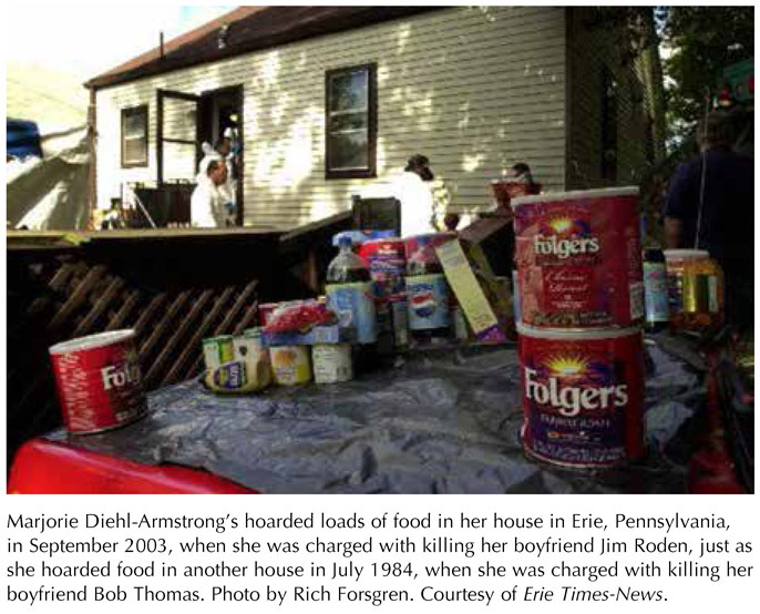 Marjorie Diehl-Armstrong’s hoarded loads of food in her house in Erie, Pennsylvania, in September 2003, when she was charged with killing her boyfriend Jim Roden, just as she hoarded food in another house in July 1984, when she was charged with killing her boyfriend Bob Thomas. Photo by Rich Forsgren. Courtesy of Erie Times-News.