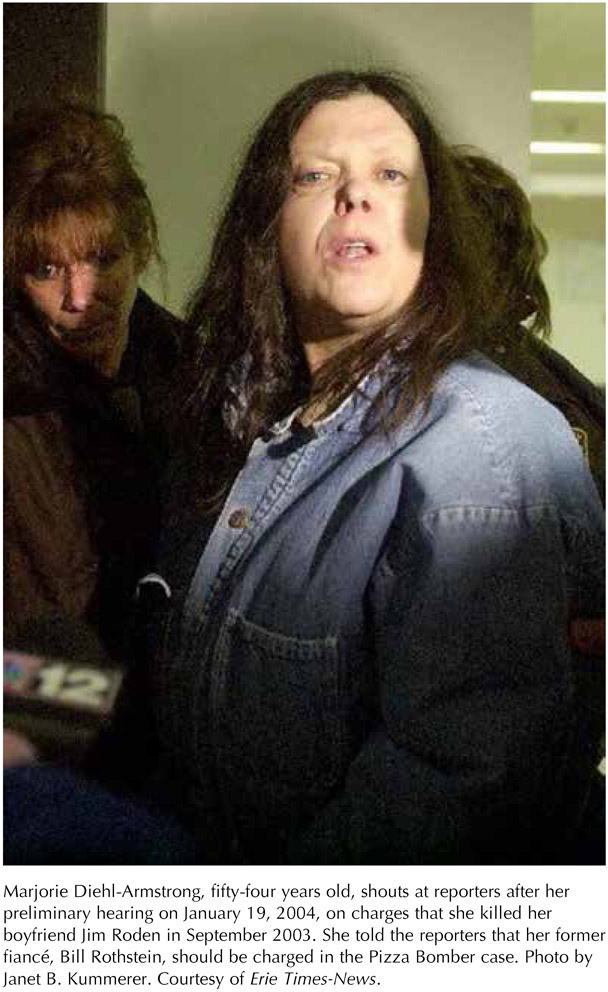 Marjorie Diehl-Armstrong, fifty-four years old, shouts at reporters after her preliminary hearing on January 19, 2004, on charges that she killed her boyfriend Jim Roden in September 2003. She told the reporters that her former fiancé, Bill Rothstein, should be charged in the Pizza Bomber case. Photo by Janet B. Kummerer. Courtesy of Erie Times-News.