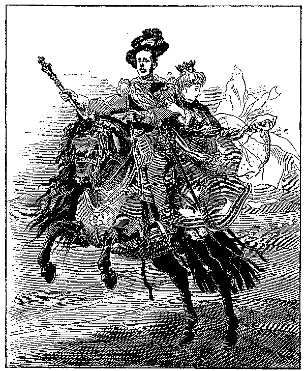 Cartoon, man and woman on a horse.