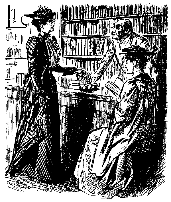 Lady speaking to bookseller.